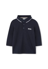 Polo à manches longues bleu marine en coton, doté d'un col avec un passepoil blanc, d'une patte de boutonnage à trois boutons et du logo brodé "BOSS".