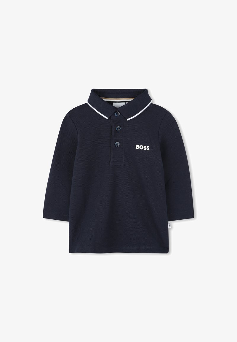 Polo à manches longues bleu marine en coton, doté d'un col avec un passepoil blanc, d'une patte de boutonnage à trois boutons et du logo brodé "BOSS".