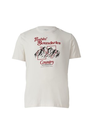 Baumwoll-T-Shirt in Off-White mit rot-schwarzer Berggrafik. Texte lesen "Pushin' Boundaries" und "Country Pacemakers." Kurzärmlig.