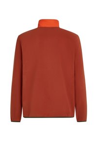 Orange Fleecejacke mit hohem Kragen und grünen Akzenten. Die Rückansicht zeigt eine glatte Textur ohne sichtbare Nähte oder Muster.