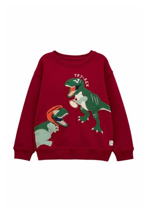 Czerwona bluza dziecięca z dwoma zielonymi dinozaurami T-Rex, z których jeden ma na sobie kask, a nad większym dinozaurem znajduje się napis „TRY-REX”.