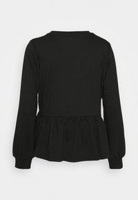 Svart långärmad topp i mjukt tyg, med peplum midja och ribbade muddar. Slät textur och rund halsringning.