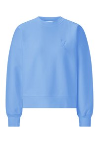 Light blue sweatshirt made from a soft material, featuring a ribbed crew neck, long sleeves, and a small embroidered design on the front.