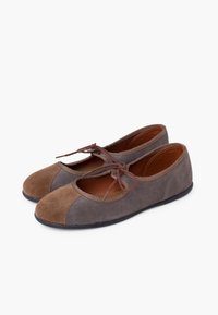 Graue Wildlederschuhe im Ballettstil mit einer braunen Zehenkappe, runder Aussparung und einem Ripsband zum Binden. Flacher Absatz und weiche Textur für angenehmen Tragekomfort.