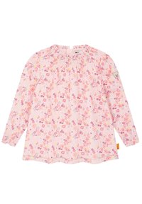 Blusa a maniche lunghe rosa con motivi floreali in tonalità di rosa, giallo e lilla. Presenta un colletto arricciato e polsini elasticizzati.