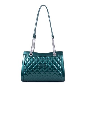 Sac à main en cuir verni matelassé bleu sarcelle avec double chaîne argentée et une petite plaque rectangulaire de marque au centre à l'avant.