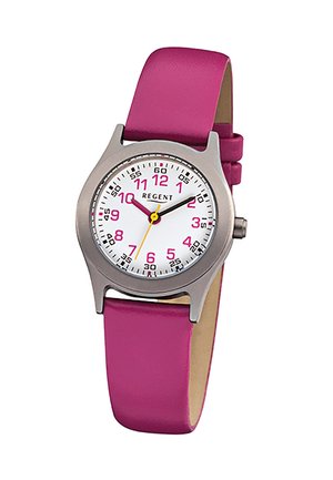 Montre pour enfants avec bracelet en cuir rose, cadran blanc, chiffres roses et boîtier argenté affichant l'heure 10:10:35.
