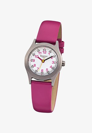 Montre pour enfants avec bracelet en cuir rose, cadran blanc, chiffres roses et boîtier argenté affichant l'heure 10:10:35.