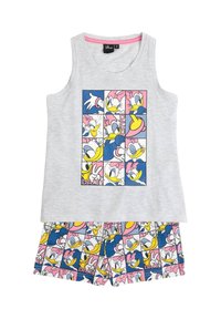 Set di canotta grigia e pantaloni corti con un collage multicolore di personaggi Disney e il testo "DAISY", realizzato in tessuto morbido.