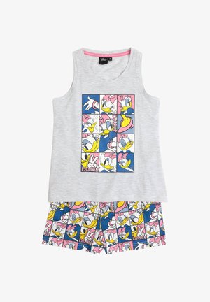 Set di canotta grigia e pantaloni corti con un collage multicolore di personaggi Disney e il testo "DAISY", realizzato in tessuto morbido.
