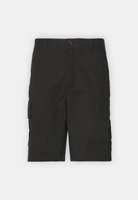 Svarta cargo shorts i slitstarkt material, med knappstängning, sidofickor och en avslappnad passform med sydda kantdetaljer.