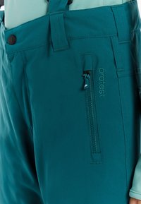 Zelené softshell nohavice majú nastaviteľné popruhy, zipsový vrecko a prešité detaily, navrhnuté pre pohodlie a funkčnosť pri outdoorovom využití.