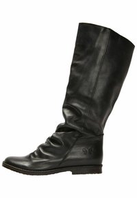 Schwarze, kniebhohe Stiefel aus Leder mit einem lässigen Design, runder Zehenform und strukturiertem Obermaterial sowie einem Logo-Akzent an der Seite.