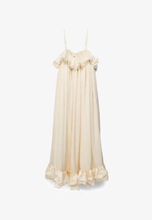 Ärmelloses, cremefarbenes Kleid mit dünnen Trägern, gerafftem Ausschnitt und Saum sowie fließendem, plissiertem Stoff.