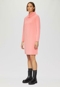 Roze jurk met col, lange mouwen en knie-lengte. Gecombineerd met zwarte boots met dikke zool en geribbelde grijze sokken, tegen een neutrale achtergrond.