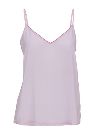 Camisole rose clair sans manches avec fines bretelles et un col en V subtil bordé d'un liseré rose plus foncé.