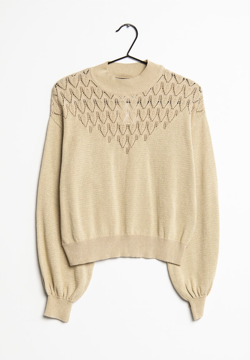 Pull beige en maille avec manches longues bouffantes, poignets et ourlet côtelés, présentant un motif en dentelle tricotée sur le yoke et un col rond montant.