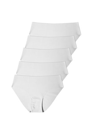Five white seamless hipster-style women's underwear stacked in a fan shape on a white background.