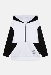 Felpa con cappuccio e zip frontale, realizzata in cotone bianco e nero. Presenta una tasca a marsupio e testo stampato sul davanti.