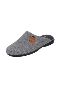 Zapatilla de punto gris con un parche triangular de cuero marrón y rayas multicolores. Presenta una suela de goma negra y un interior suave.