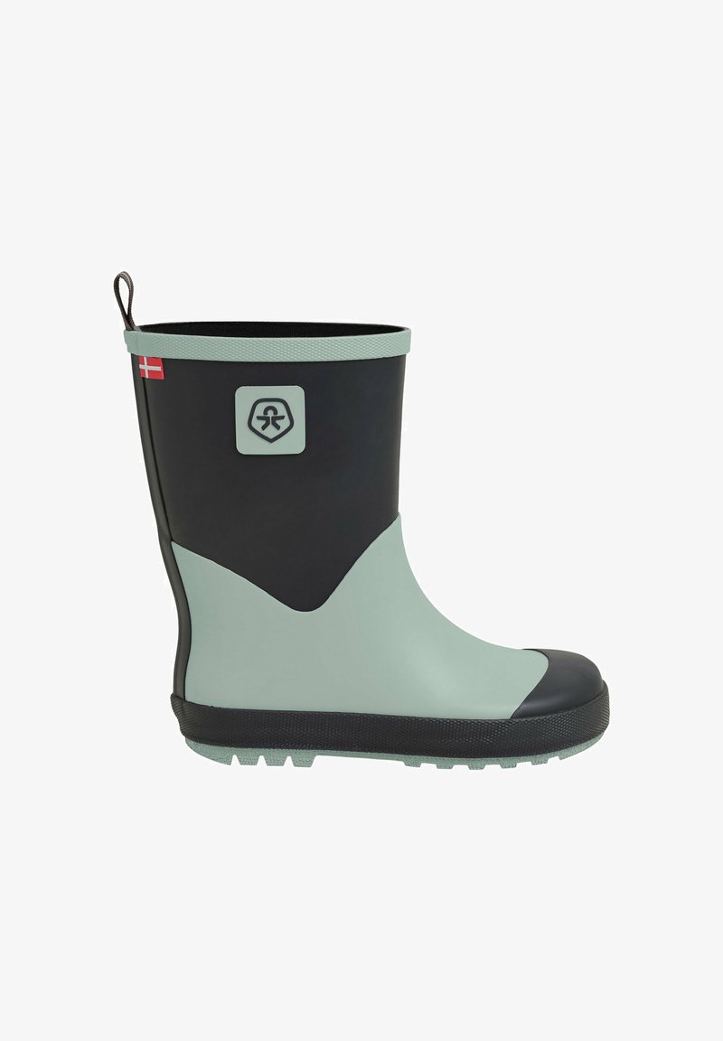 Botte de pluie en caoutchouc mi-mollet pour enfants, noire et vert clair, avec une étiquette drapeau danois et une boucle de traction à l'arrière.