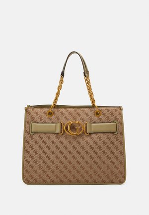 Beige tote bag with logo pattern, gold hardware, and decorative chain handles. Features two front straps and a structured design.