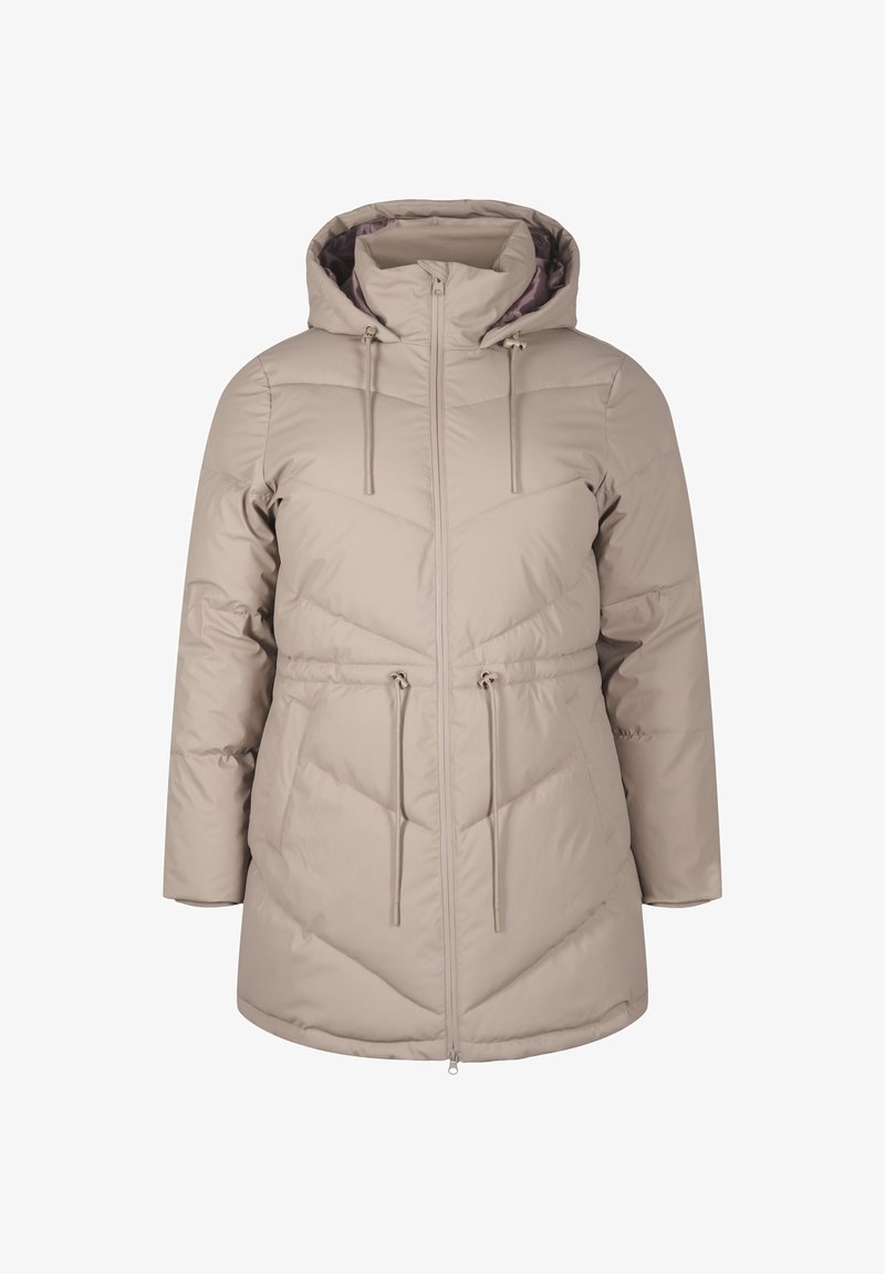 Ljusbeige puffjacka med huva, strukturerat chevronmönster, justerbara snoddar i midjan och framzipper.