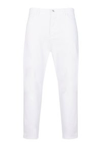 Pantalones de algodón ligeros y blancos con un diseño de pierna recta. Presentan presillas para cinturón, un cierre de botón y dos bolsillos frontales. Textura suave.