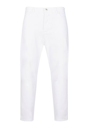 Baltas, viegls kokvilnas bikses ar taisnu kāju dizainu. Iekļauj jostas cilpas, pogu aizdari un divas priekšējās kabatas. Gluda struktūra.