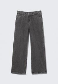 Graue Jeans mit weitem Bein und strukturierter Oberfläche. Verfügt über einen Fünf-Taschen-Stil und einen Bund mit Gürtelschlaufen.