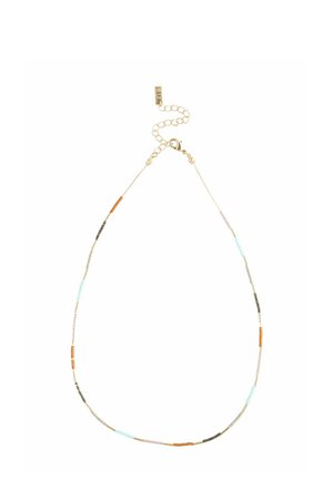 Delicate necklace with small cylindrical beads in orange, light blue, black, white, and gold tubes, featuring a gold lobster clasp and adjustable chain.