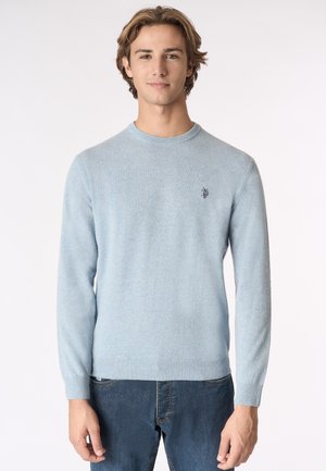 Maglione azzurro chiaro a girocollo realizzato in tessuto morbido, con maniche lunghe e un piccolo logo sul petto. Indossato con jeans scuri.