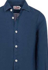 Camicia in lino blu navy con chiusura a bottoni, dotata di bottoni bianchi, colletto classico e maniche lunghe.