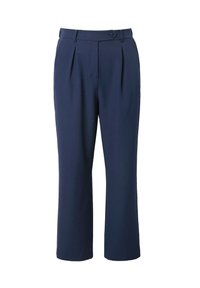 Pantaloni a vita alta blu scuro con tasche laterali, passanti per cintura, pieghe davanti e chiusura a bottone in vita.