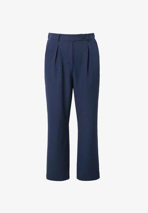 Navy blue high-waist trousers with side pockets, belt loops, pleats at the front, and a button closure at the waistband.