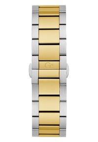 Orologio da uomo con bracciale in acciaio inossidabile argentato alternato a maglie dorate. Presenta una texture spazzolata e una finitura lucida.