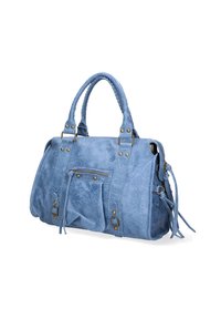Borsa blu in suede con manici intrecciati, dettagli in ottone, tasca esterna con zip e finitura morbida e testurizzata, caratterizzata da un design spazioso.
