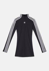 Haut noir à manches longues avec col montant, présentant trois bandes blanches le long des épaules et des bras, fabriqué en tissu lisse et extensible.