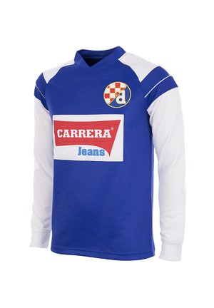 Blauw-wit sportshirt met lange mouwen met het "CARRERA Jeans"-logo op de voorkant en een ronde rood-witte geruite embleem op de borst.