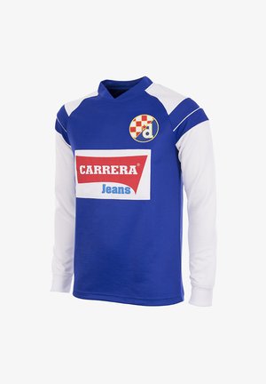 Blauw-wit sportshirt met lange mouwen met het "CARRERA Jeans"-logo op de voorkant en een ronde rood-witte geruite embleem op de borst.