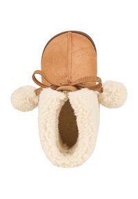 Braune Wildlederhausschuhe mit einem cremefarbenen, flauschigen Innenfutter, runden Pompon-Akzenten und einer gebundenen Schleife an der Vorderseite. Weiches, geschlossenes Design für Komfort.