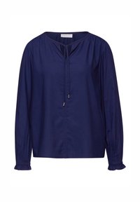 Blusa a maniche lunghe blu navy con scollatura a V, coulisse al colletto e dettaglio arricciato ai polsini. Tessuto morbido, vestibilità comoda.