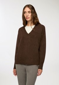 Brązowy sweter w kształcie litery V, wykonany z miękkiego materiału, z długimi, lekko luźnymi rękawami i swobodnym krojem. Noszony z jasnoszarymi spodniami.