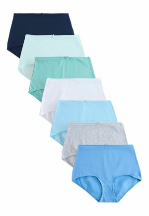 Set of seven high-waisted women's underwear in navy, light blue, teal, white, pale blue, gray, and blue, each with a small bow detail.
