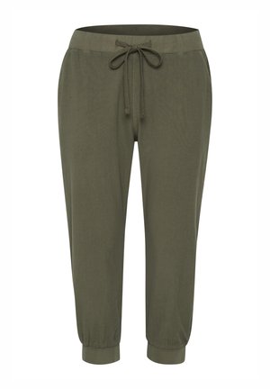 Olivzaļas krāsas sporta bikses ar elastīgu jostu, regulējamu auklu un ribotu aproci pie potītēm. Mīksts materiāls, brīvs piegriezums.