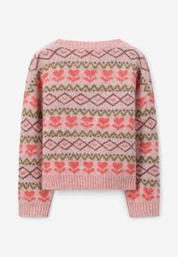 Pull en tricot rose avec des motifs floraux et en diamant multicolores. Doté d'un ourlet côtelé et d'un col rond. Texture douce.