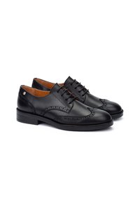 Chaussures habillées en cuir noir avec des détails brogues, bout rond, design traditionnel à lacets et finition lisse. Construction classique et durable.