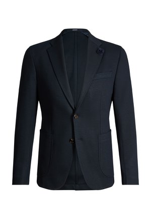 Dark navy men's blazer with notch lapels, two-button closure, patch pockets, chest pocket with lapel flower, and a sleek tailored fit.