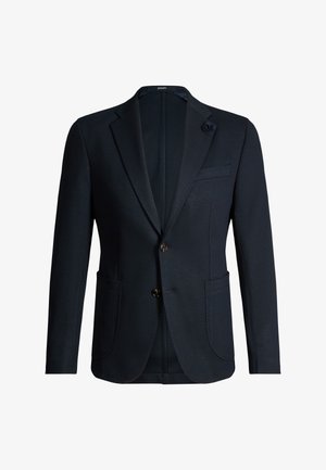 Dark navy men's blazer with notch lapels, two-button closure, patch pockets, chest pocket with lapel flower, and a sleek tailored fit.