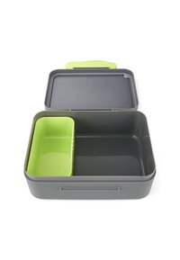 Gray lunch box with a green divider. Rigid plastic material, rectangular shape, lid with a green handle, and smooth texture interior.